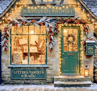 cozy stone post office with warm lights and Christmas garlands in the village of Rowanthwaite.